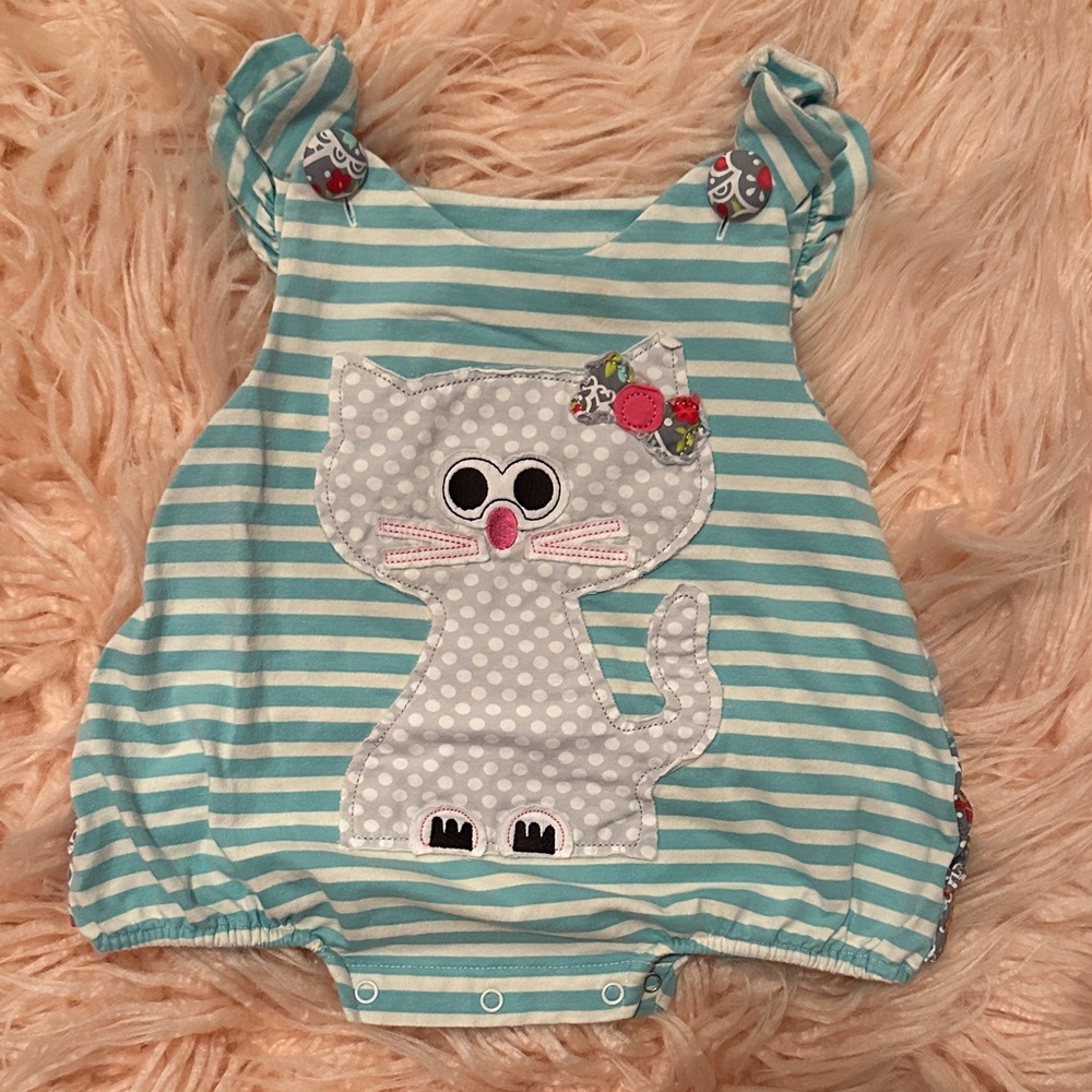 Natalie Grant Striped Teal Blue and White Cat Print Kids One Piece Bubble